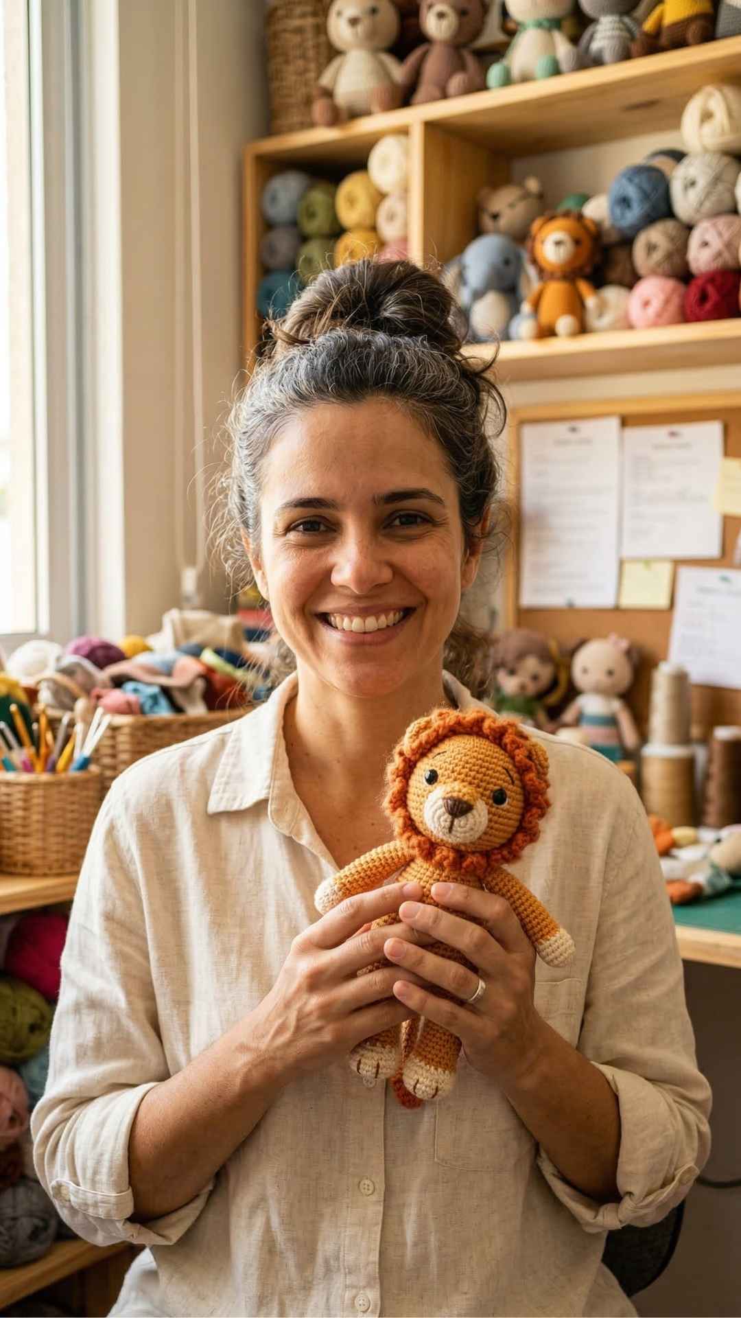 Artesã sorridente segurando amigurumi de leão em ateliê organizado