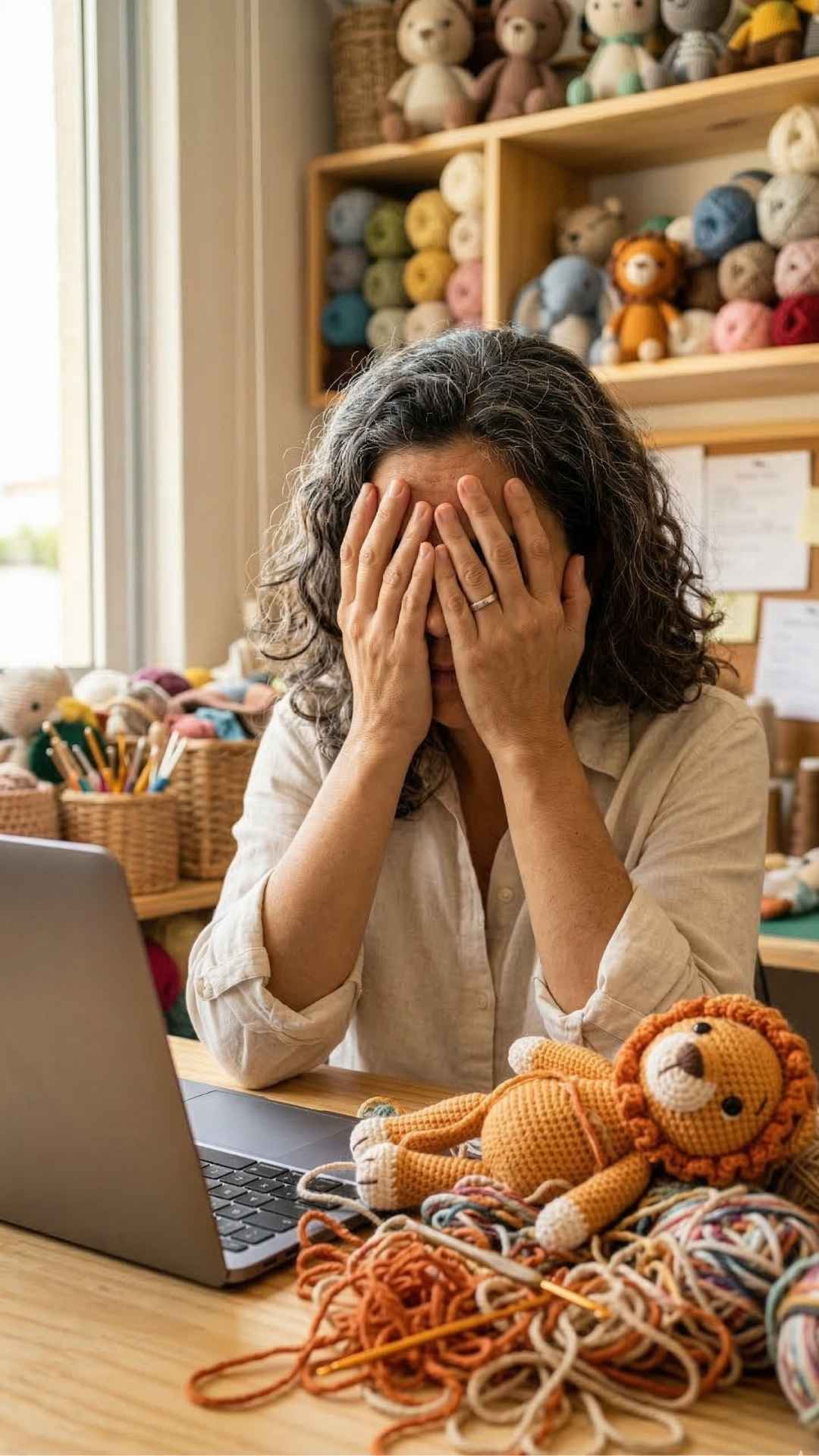 Artesã frustrada com as mãos no rosto, laptop aberto e fios embaraçados na mesa